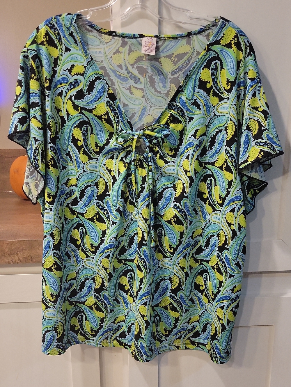 Bobbie Brooks Paisley Tie-Front Tunic in Blue & Lime Green